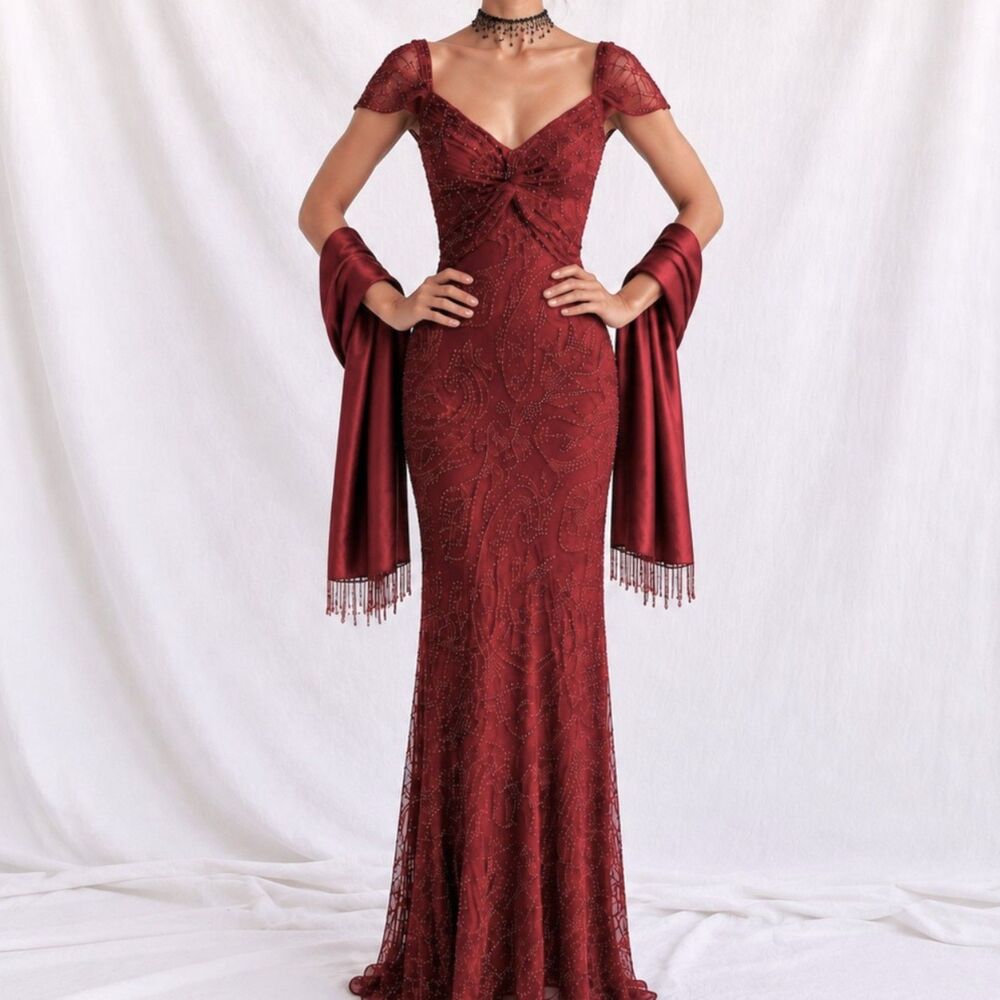 Vintage Y2K Red Beaded Fit Flared Silk Bodycon Maxi Prom Scarf Dress Size S/M